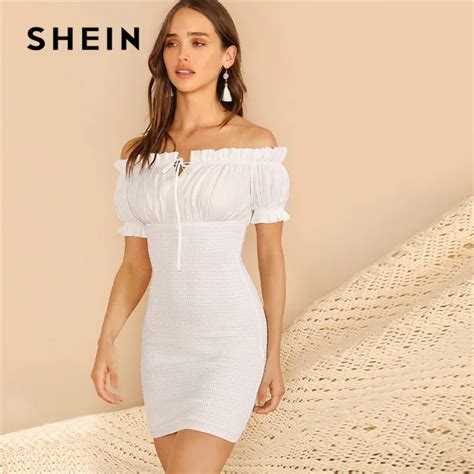 Shein White Frilled Off Shoulder Shirred Summer Boho Dress Women Sexy