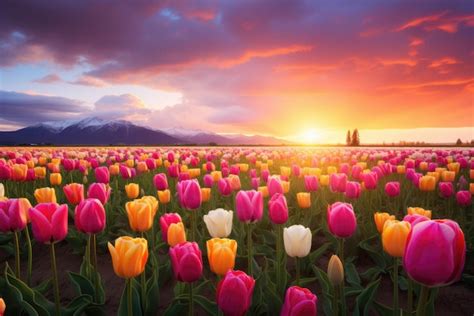 Premium Ai Image A Vibrant Field Of Tulips Under A Cloudy Sky