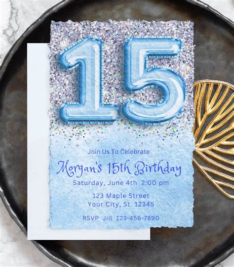 Editable 15th Birthday Invitation Template Blue Glitter Birthday Party