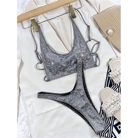 Solid Bikini Sexy Swimsuit Halter Swimwear Bathing Suit Women Bling Sequin Bikini Set Beach Wear