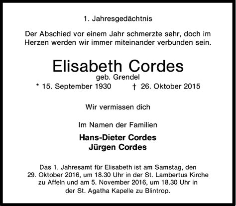 Traueranzeigen Von Elisabeth Cordes Trauer In Nrw De