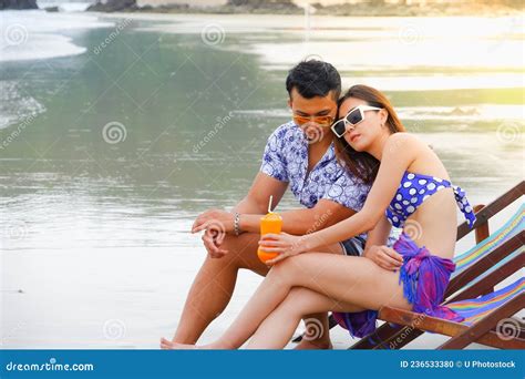 Portrait Couple In Love Bikini On The Beach Happy Life On Summer Season Stock Photo Image Of