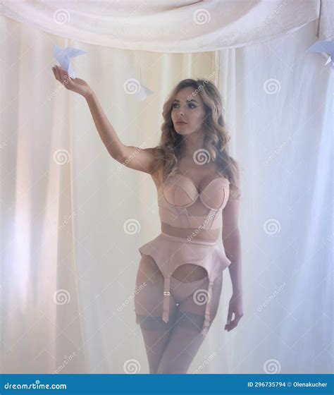 Beautiful Blonde Woman In Lingerie Posing In Studio While Standing Stock Photo Image Of Naked