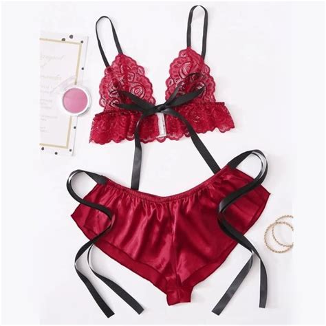 Femmes Sexy Dentelle Sans Fil Bow Soutien Gorge Satin Shorts V Tements De Nuit Lingerie Pyjamas