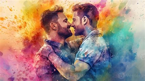 Gay Pareja Abrazando Fondo De Pantalla Joven Muy Bien Recibido Hombres Acuarela Cuadro Ai