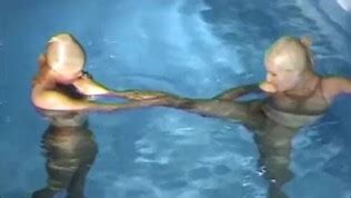 Two Wet Encased Shiny Pantyhose Horny Lesbians Playing In Pool Nylon