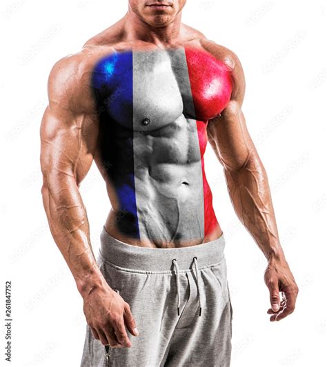 Torso Of Shirtless Muscular Man With France Flag Painted On Naked Chest Isolated On White In