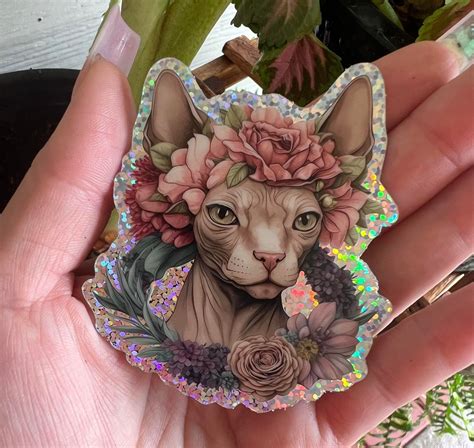 Glitter Floral Crown Sphynx Cat Sticker Naked Cat Hairless Cat