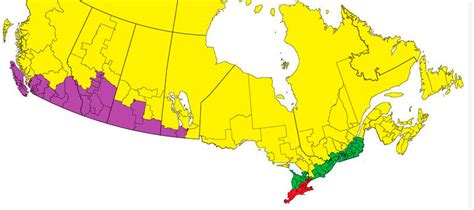 Densidade demográfica do Canadá: Cada cor representa 25% da população ...