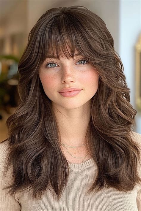 Layered Haircuts With Fringe For Long Hair Timeless Brunette Layers With Soft Bangs