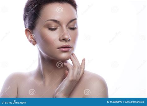 Cute Brunette Woman With Nude Make Up Clean Flawless Fresh Skin Stock Photo Image Of Smile