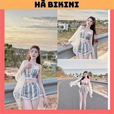 BKN 063 set Bikini đi biển 3 món KAKI SỌC bra đính hoa kèm khăn siêu