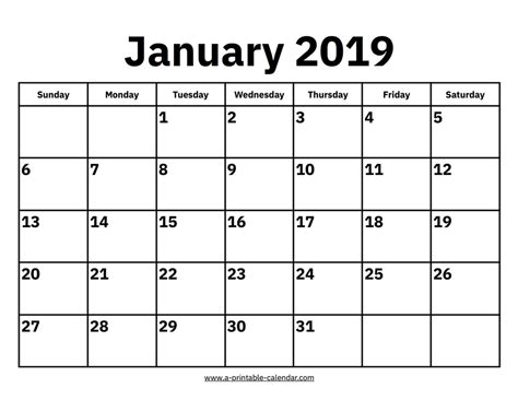 January 2019 Calendars Printable Calendar 2019
