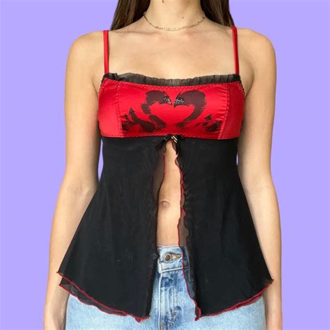Red And Black Mesh Open Front Lingerie Top With A Depop