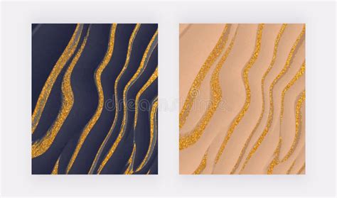 Navy Blue And Nude Liquid With Golden Glitter Ink Abstract Backgrounds Stock Vector