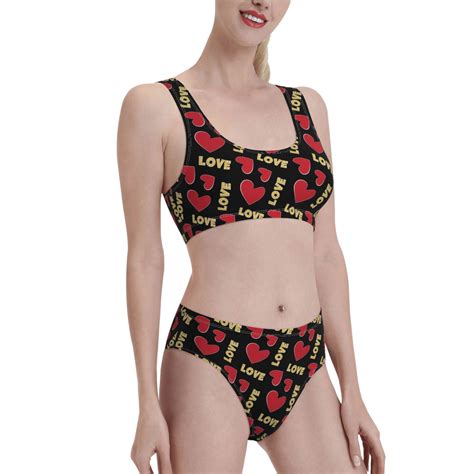 Noikeo Red Gold Heart Pattern Bikini Set For Women Two Piece Swimsuits Low Rise Bathing Suits