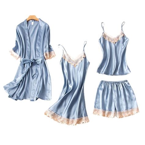 4 Piece Satin Silk Sexy Sleepwear Floral Lace Trim Pyjama Lingerie Sets Sleepwear And Pajamas