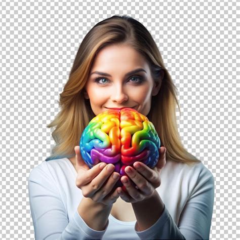 Woman Holding A Colorful Brain Transparent Background Premium Ai