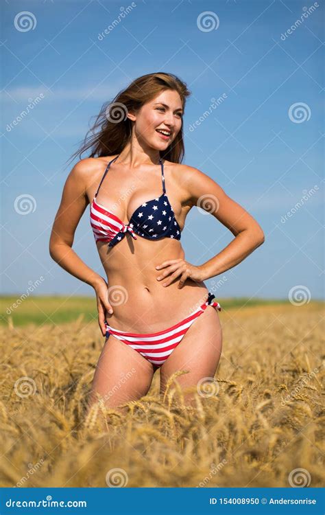 Woman In American Flag Bikini In A Wheat Field Stock Photo Image Of Hair Outdoor 154008950