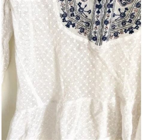 Abercrombie Fitch White Blue Summer Boho Mesh Tunic Top Blouse Medium