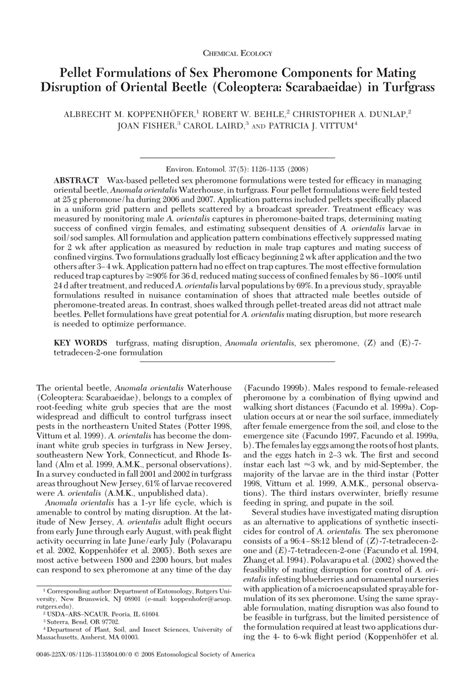 PDF Pellet Formulations Of Sex Pheromone Components For Mating Disruption Of Oriental Beetle