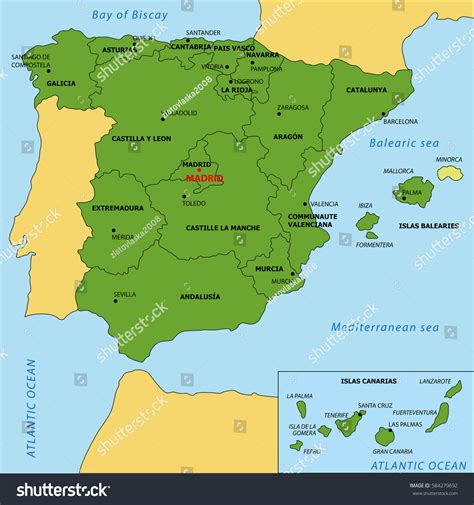 Vector Map Spain Regions Their Capitals 库存矢量图（免版税）584279692 | Shutterstock