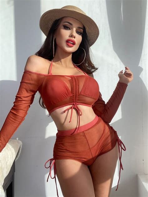 4 piezas Bañador bikini micro triángulo con cordón con cover up Moda de Mujer SHEIN México