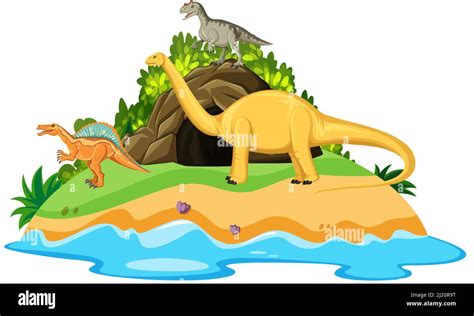 Scene With Dinosaurs On Island Illustration Stock Vector Image And Art