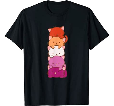 Orange Pink Lesbian Pride Flag Cute Kawaii Cat T Shirt Fresh Brewed Tees