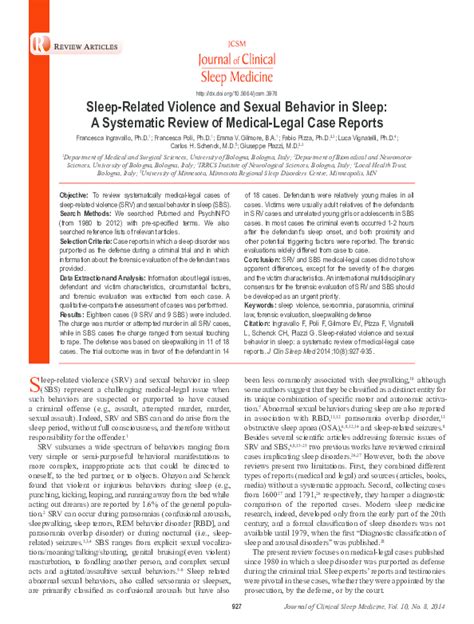 Pdf Sleep Related Violence And Sexual Behavior In Sleep A Systematic Review Of Medical Legal