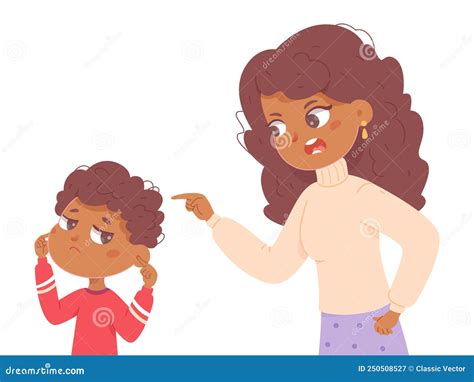 Mother Or Teacher Talking To Naughty Boy Child Ignoring Angry Woman
