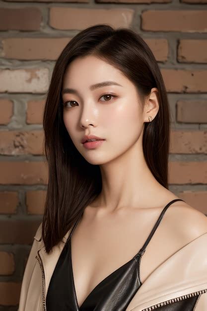 Premium AI Image Portrait Of Beautiful Japanese Women With Brunette Lob Hair Leather Moto