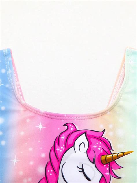 Conjunto de bikini de manga corta con estampado de unicornio degradado para niña preadolescente