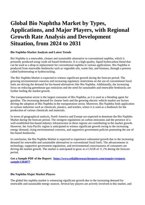 Reportprime - Global Bio Naphtha Market by Types, Applications, and Major Players, with Regional