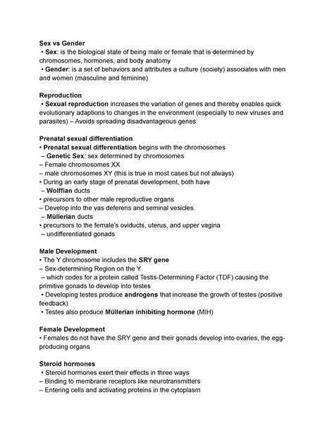 PSY CH Notes Sex Vs Gender Sex Is The Biological State Of Being Male Or Female That
