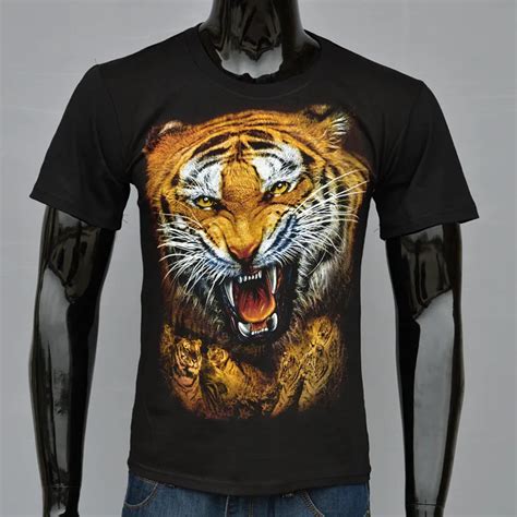 Mens Pure Cotton Short Sleeved T Shirt Black 3d Tiger Print