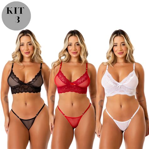 Kit Conjuntos Lingerie Sexy Tule Renda E Regulagem Lateral Shopee Brasil