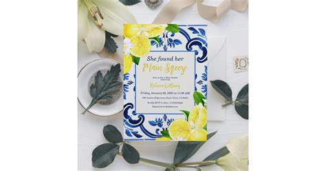 Main Sqeeze Blue Tile Lemon Citrus Bridal Shower Invitation Zazzle