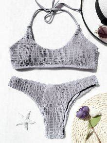 Padded Smocked Bralette Bikini Set In Gray Zaful