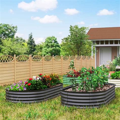 Outsunny Set of 2 Raised Beds for Garden, Outdoor Galvanised Planter Box with Plant Support