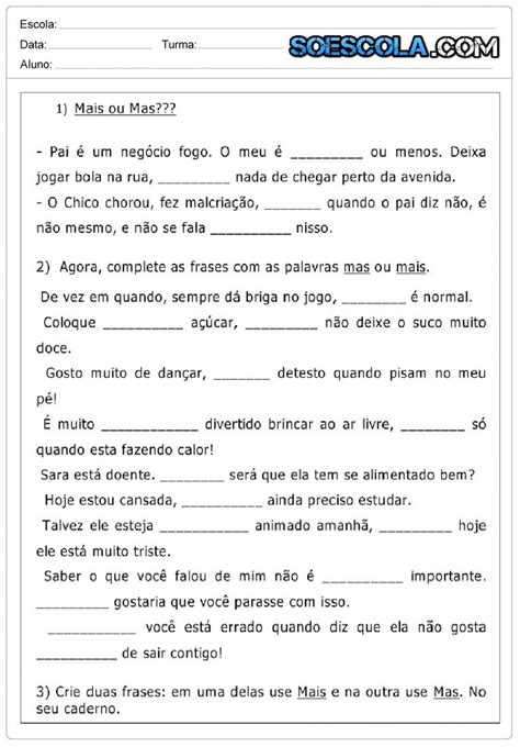 Atividades de Português sobre o uso do Mas ou Mais SÓ ESCOLA