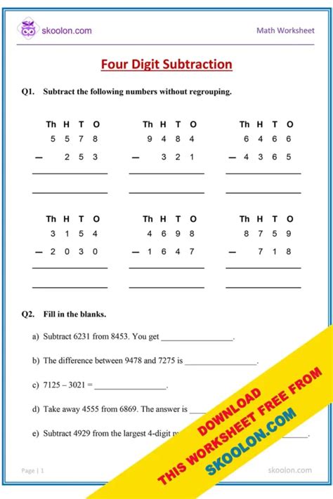 fourth grade subtraction worksheet