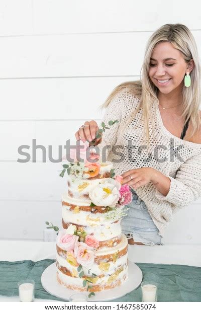 Woman Decorating Naked Wedding Cake Flowers Stock Photo Shutterstock
