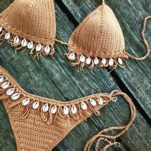 Crochet Bikini Set Tan Bronze With Natural Seashells Can Be Made In Any Color Etsy