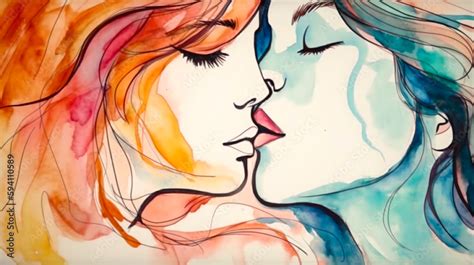 Watercolor Painting Of A Beautiful Lesbian Couple Romantic Kiss Art Illustration With A White