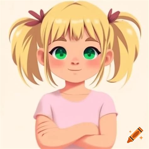 Anime Girl With Blonde Hair And Green Eyes In Pink Sleeveless T Shirt Arms Crossed On Craiyon