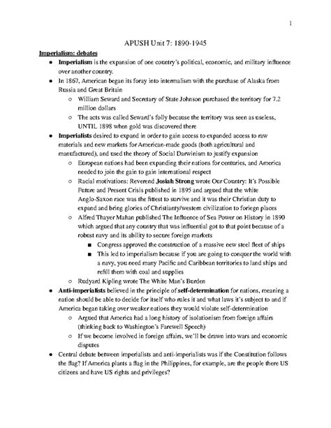APUSH Unit 7: 1890-1945 Lecture Notes on U.S. Imperialism & WWI - Studocu
