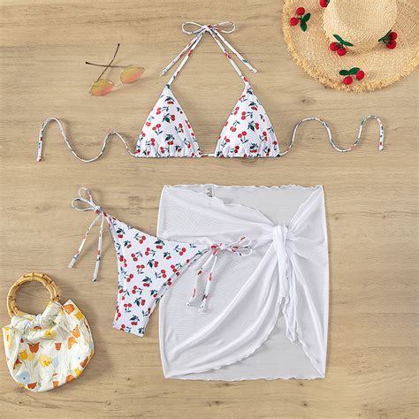 Women Cherry Swim Dress Sexy Cherry Print Swimsuit Cherry Swimwear Cherry Bikini Three Pieces