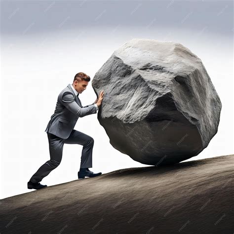 businessman pushing  boulder uphill premium ai generated image