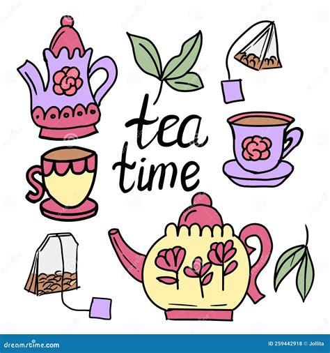 Tea Time Set With Teapot Cups Teabags Vector Illustration Stock